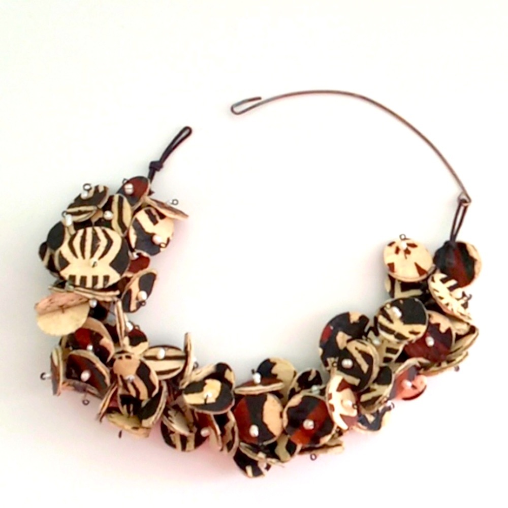 Handmade Necklace with Round Paper Disc Flowers with Freshwater Pearl Centers